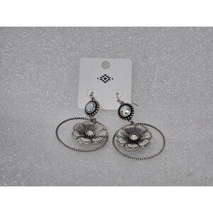Silver Tone Floral Dangle Earrings With Iridescent Gemstones